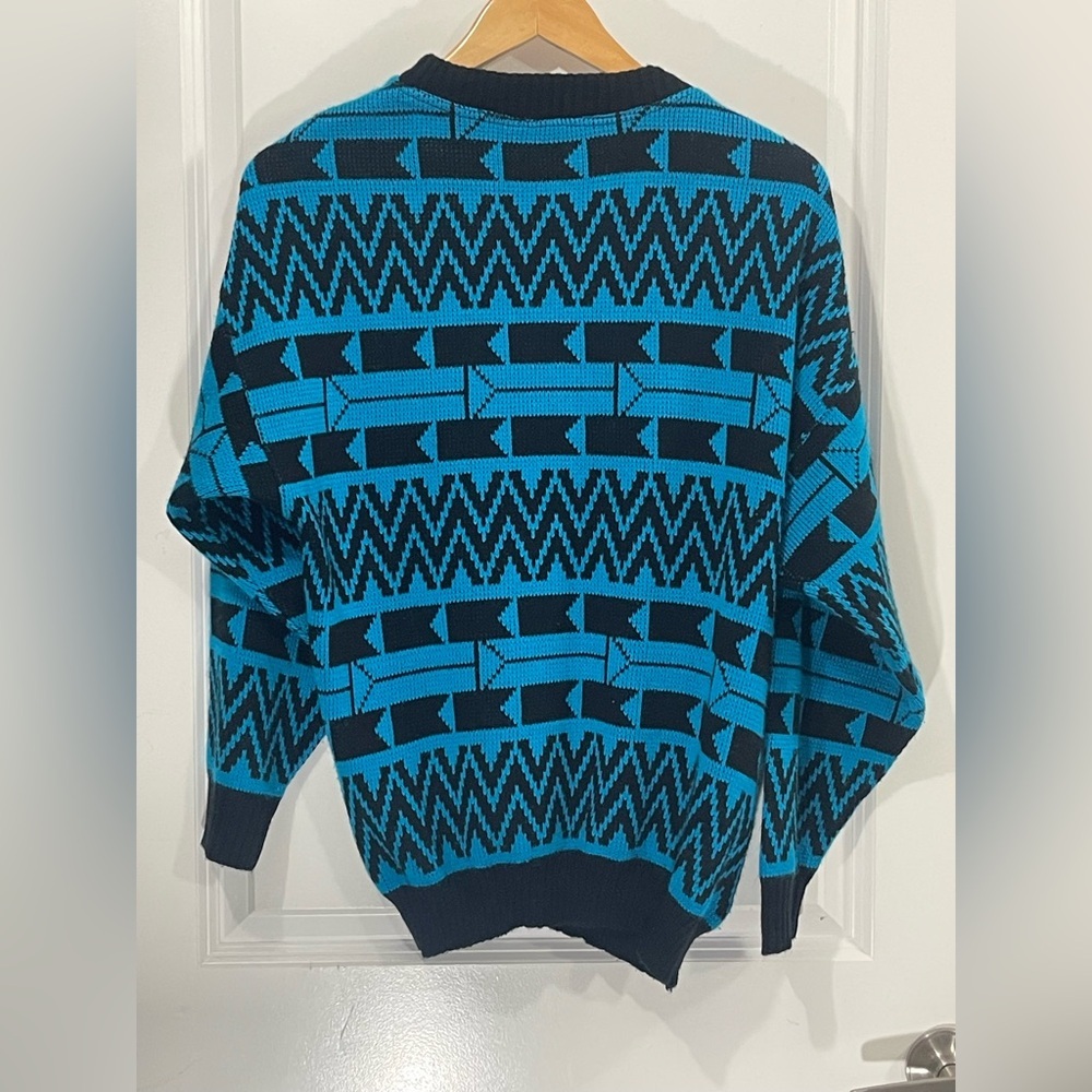 Vintage Geometric Retro Blue and Black Mens Crewneck Pullover Sweater Sz Large - Picture 7 of 10